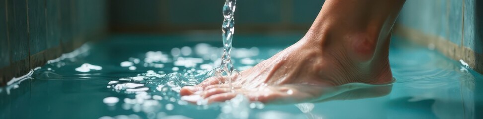 Fototapeta premium Closeup of flowing water filling a foot soak basin , indoors, foot soak, refresh