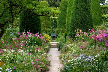 English country garden with clipped Yew trees