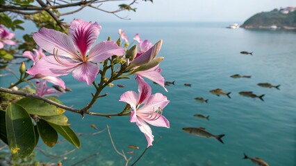 Pink Bauhinia Flowers Branching Over Teal Ocean School of Fish Coastal Scene Orchid Tree Butterfly Tree