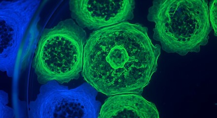 Microscopic View of Fluorescent Green and Blue Biological Cells, Revealing Intricate Cellular Structures for Scientific Research