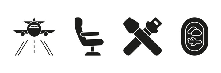 Airplane Travel Essentials Solid Icon Set. Aviation, Passenger Comfort, And In-Flight Safety Silhouette Symbol Collection. Aircraft, Seat, Seatbelt, And Window View. Isolated Vector Illustration
