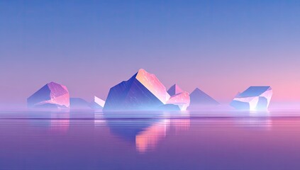Geometric icebergs in a tranquil, pastel-toned landscape.