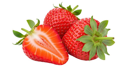 Isolated Three Strawberries, One Halved, Fresh Red Berry Fruit, Sweet Dessert, Vegan Food
