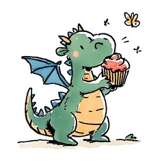 Obraz premium A cheerful dragon holds a cupcake, with a butterfly and a clean, white backdrop scene.