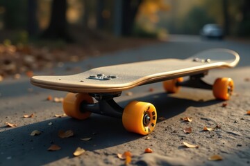 Elevated skateboard, subtle wood grain detail, light, skate