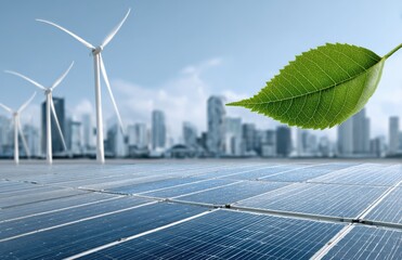 Solar panels and wind turbines with a green leaf flying