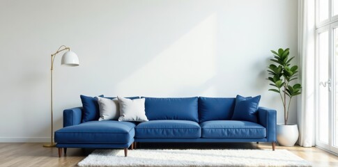 Empty white wall, navy blue sofa, minimalist decor , design, background, interior