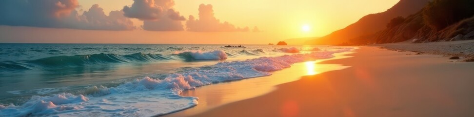Golden hour paints peaceful beach, soft waves caress sand , waves, light, clear