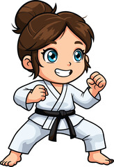 Cartoon child martial arts fighter, karate kid in white gi black belt, cheerful determined pose, sports discipline, self defense training, confident smiling character illustration