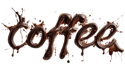 Inscription coffee in gothic style made of melted chocolate showing artistic sweet lettering typography with dessert detail isolated on white background