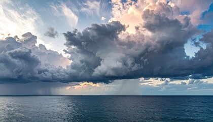 Seascape View with Dramatic Rain Clouds Over Ocean Horizon in Blue and White Sky, Seascape Photography, Warm Cinematic Light, Cloudscape