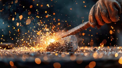 A blacksmith is hammering a glowing red-hot piece of iron on an anvil, shaping it into a hoe blade