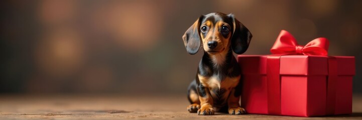 Miniature dachshund beside large red Christmas gift box, present, animal