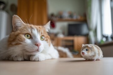 Ginger cat and hamster on a table