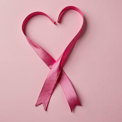 Heart-shaped pink ribbon on soft background, breast cancer awareness