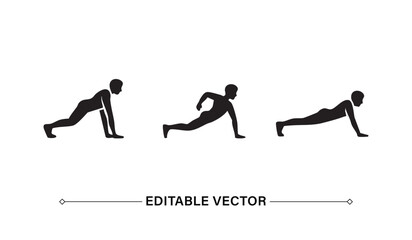 Workout routine sequence push-ups, exercise, fitness. Black silhouette.
