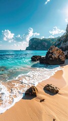 Seaside Beach with Turquoise Water Crashing on Shore with Rocky Cliffs Under a partly Cloudy Sky in Summer Vacation, Sunlit Sandy Beach Waves