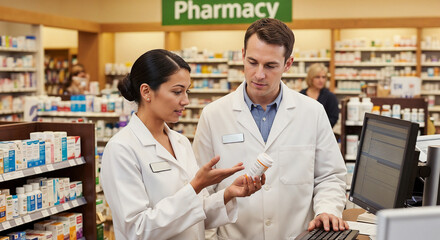 Happy pharmacists discussing prescriptions and medications in a pharmacy.