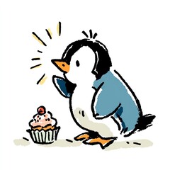 Delightful watercolor of a cartoon penguin admiring a tasty cupcake with a cherry.