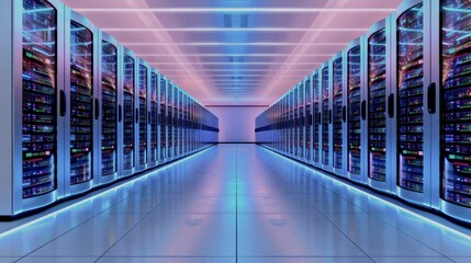 A modern data center with rows of server racks illuminated by blue LED lights
