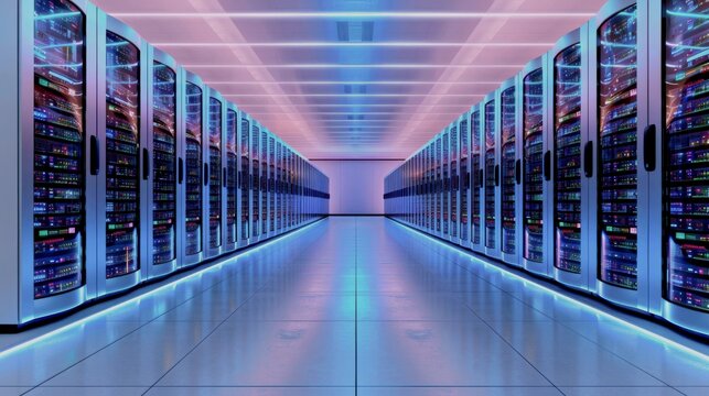 A modern data center with rows of server racks illuminated by blue LED lights