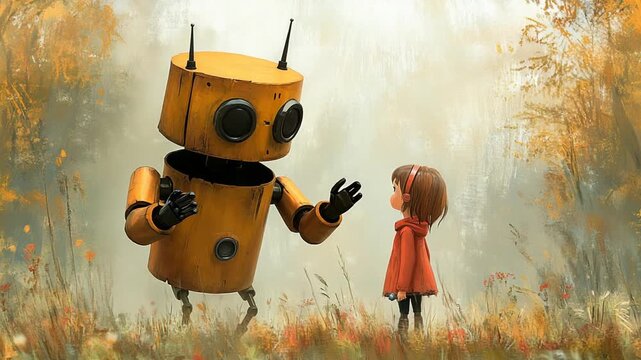 A charming encounter between a small girl and a friendly robot in a whimsical forest setting.