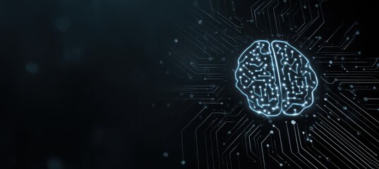Top view of a digital brain and circuit on a black background with copy space, a banner design