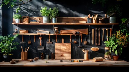 Traditional tools hang neatly on hooks on a wooden wall: sickles, saws, hammers, and axes