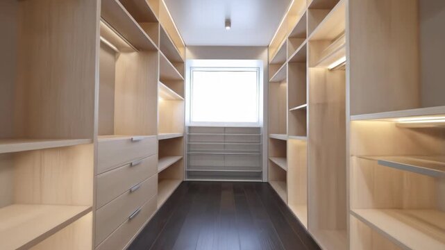 Spacious, empty closet with light wood shelves, drawers, and a large window at the end