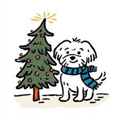 A charming watercolor of a fluffy dog in a blue scarf next to a decorated tree.