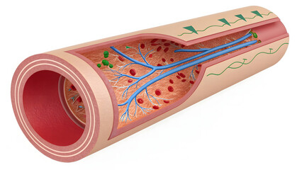 Detailed Cross-Section of a Blood Vessel with Capillaries and Intertwined Lymphatic Channel 3D Medical Illustration of Circulation and Lymphatic System Fluid Exchange in Artery Wall