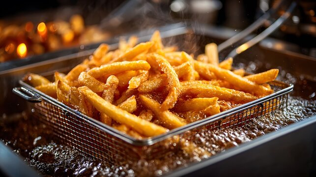 Realistic action shot of a stainless steel commercial deep fryer in a professional kitchen. A metal basket filled with golden french fries is submerged in clean, bubbling hot oil.