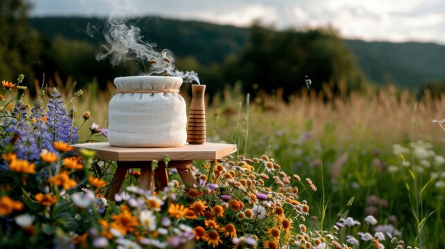 a traditional woven straw beehive skep next to a classic bee smoker on a wooden stand in a wildflower meadow - Powered by Adobe