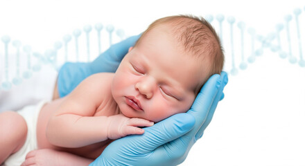 Cute little baby in doctor's hand close-up on white background with DNA. In vitro fertilization (IVF), pregnancy planning, child conception