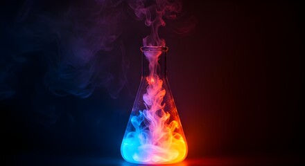 Colorful chemical flask with glowing smoke effect in dark laboratory