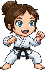 cartoon martial arts child character, karate kid in white uniform with black belt, fighting stance illustration, discipline strength focus, sports training vector design
