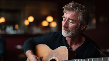 Contemplative man with guitar. Captures musical passion, storytelling, and artistry. Ideal for creatives, musicians, lifestyle or performance themes.