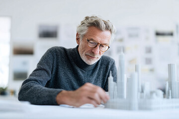Architect at work. A mature man reviews his architectural model. Professionalism, vision, expertise, and meticulous planning are visually communicated. Great for architecture or planning.