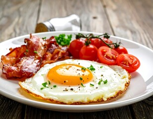 Delicious Breakfast with Bacon, Eggs, and Tomatoes.