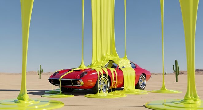 Fototapeta Red vintage car covered in dripping yellow slime in a desert landscape on a sunny day