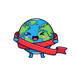 Fototapeta premium Cute cartoon earth character hugging red ribbon