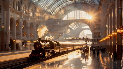 a high vantage point inside a grand, historic train station that has been modernized