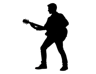 Silhouette of man guitarist playing, music performance and concert concept isolated on transparent background.
