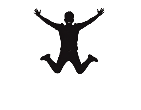 Person silhouette leaping excitedly, success and joyful emotion isolated on transparent background.