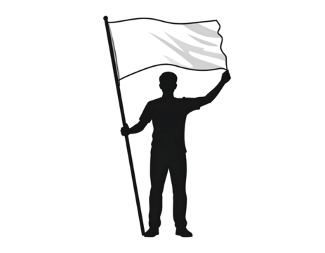 Silhouette of man holding flag, victory and leadership concept isolated on transparent background.