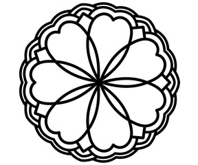 A black and white mandala illustration with flower-inspired patterns, perfect for relaxation, mindfulness, and coloring activities.