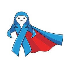 Cartoon blue ribbon character with cape, representing awareness and support
