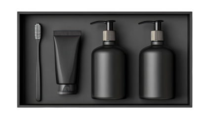 Black box holds toothbrush, tube, and two bottles