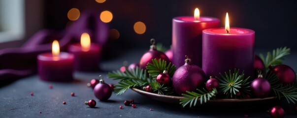 Dark purple & black candle centerpiece, Christmas theme , table, holiday, christmas centerpiece