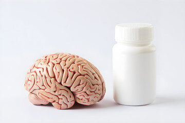 Brain with Medicine Bottle on White